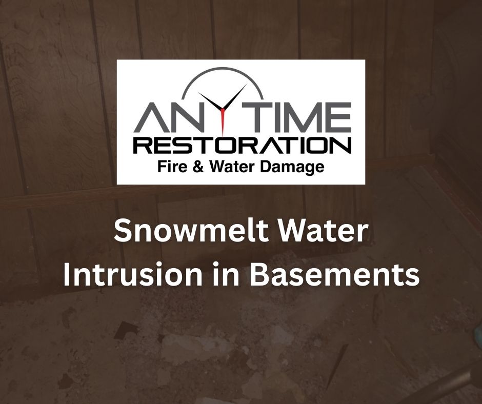 Snowmelt water intrusion in basements shown as standing water along a foundation wall during a Minnesota winter thaw