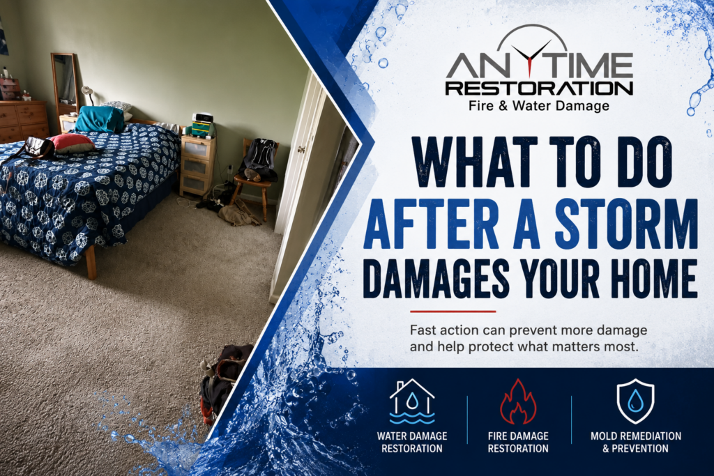 Storm water damage cleanup in a Minnesota home with containment barriers and equipment by Anytime Restoration