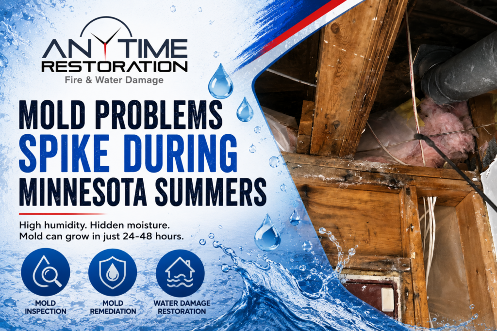 Water-damaged attic framing and insulation showing conditions that can lead to mold growth during humid Minnesota summers.